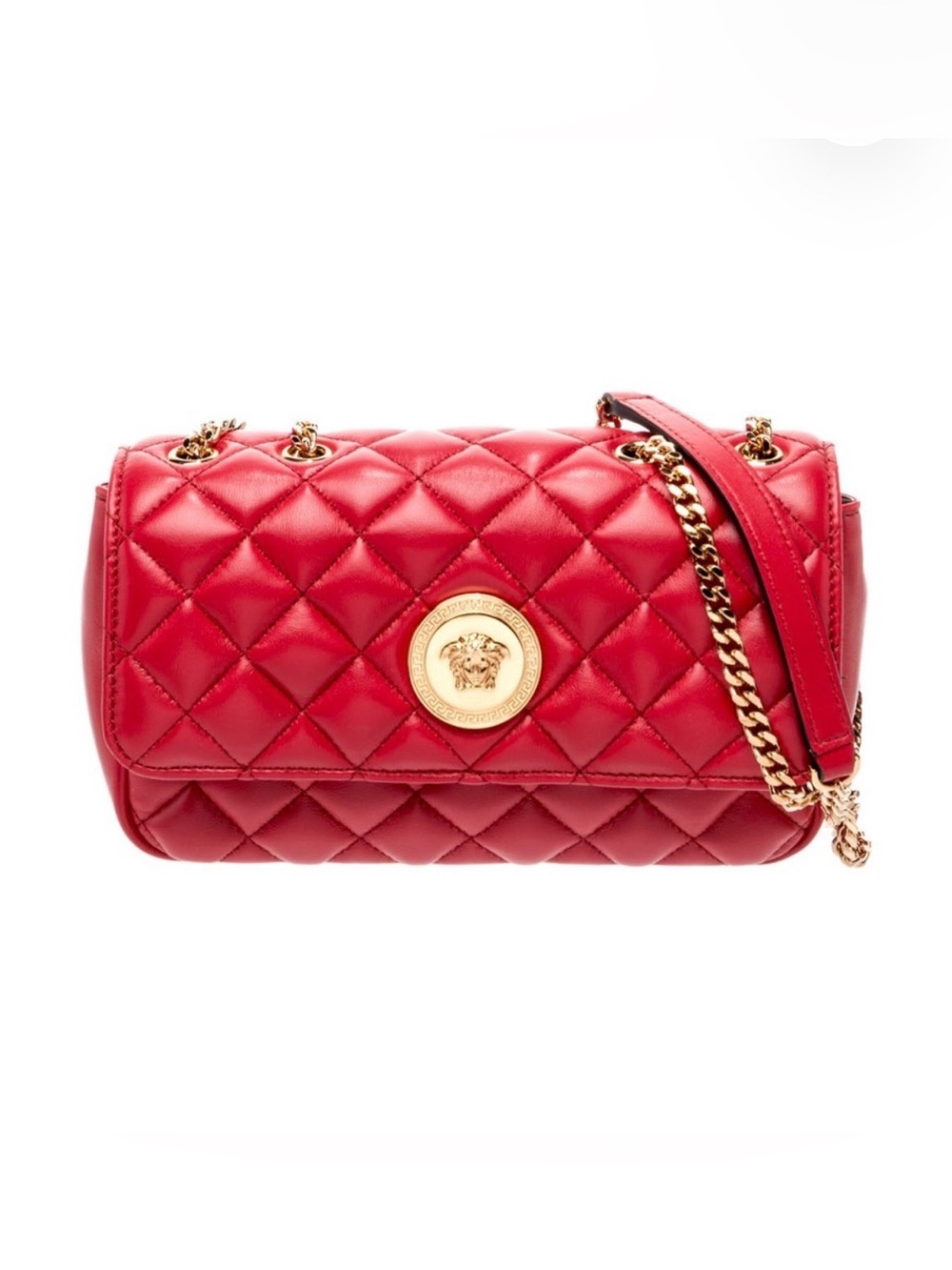 Versace Quilted Lamb Leather Medusa Shoulder Bag Dark Red Gold Chain New